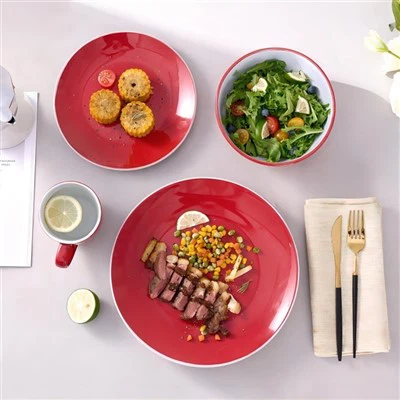 Set di stoviglie da cucina rotonde da 16 pezzi, set di piatti e ciotole, piatti, piatti, ciotole, tazze, set di piatti, piatti e ciotole, servizio per 4, stoviglie in gres, rosso e bianco