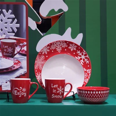 Set di stoviglie in ceramica con fiocchi di neve rossi di Natale 16-pezzi